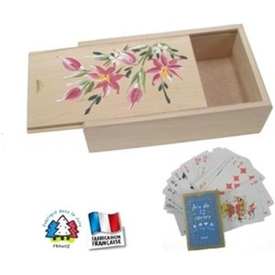 Coffret Bois Jeu Belote Peint à la Main avec Cartes