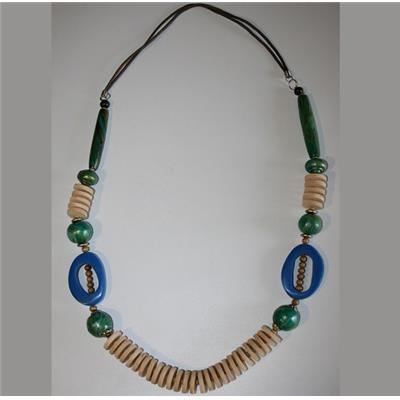 Collier Pendentif Fantaisie Vert et Bleu en Bois