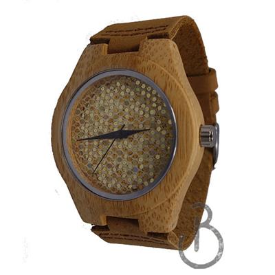 Montre en bois avec paillettes dorées